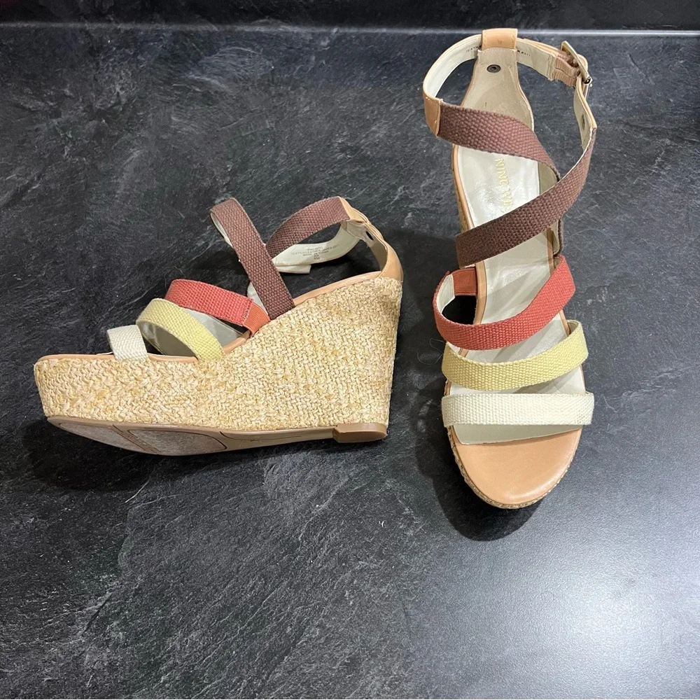 Nine West Espadrille Wedge Heel 9 Brown Pink Yellow White Strap Boho Chic Summer